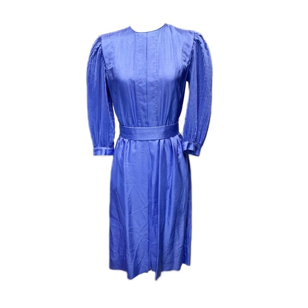 1970's Joan Sparks Victorian Revival, Prairie Long Sleeve Pleated Blue Dress
